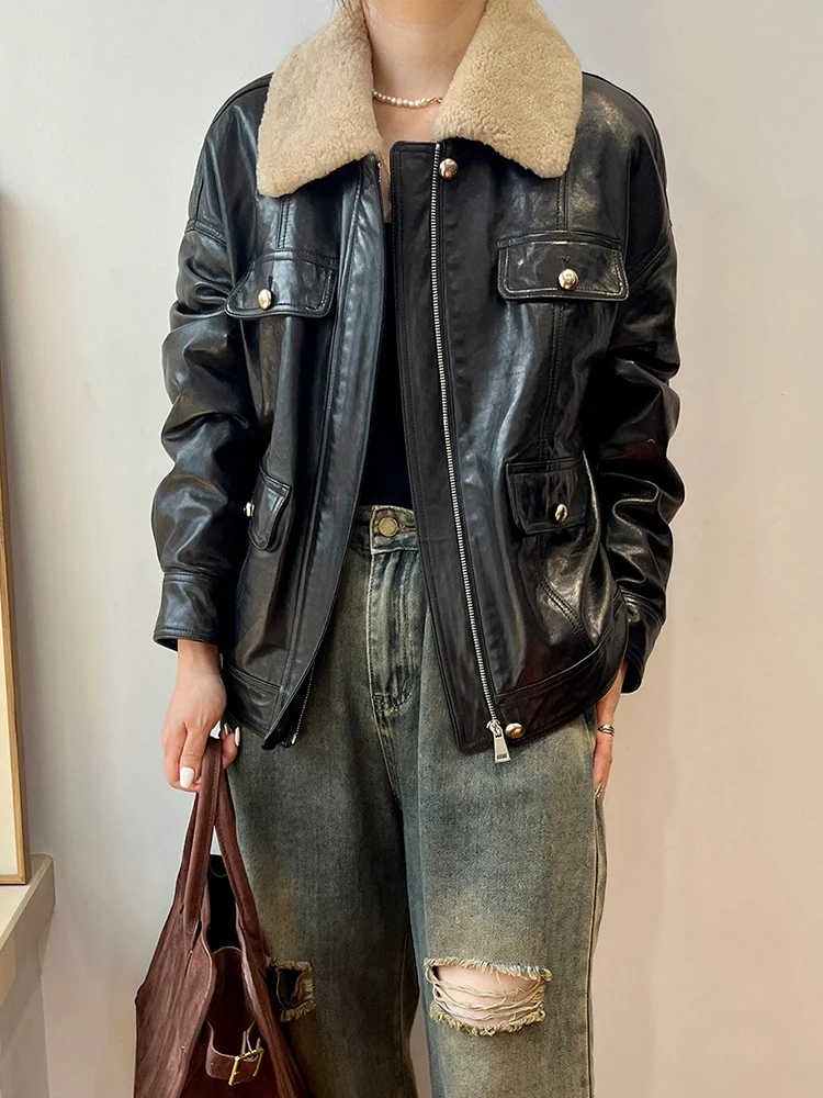 Piumino da donna caldo in piuma d'oca Giacca in vera pelle di pecora Cappotto con collo in pelliccia di pecora merino naturale Cappotti femminili di lusso