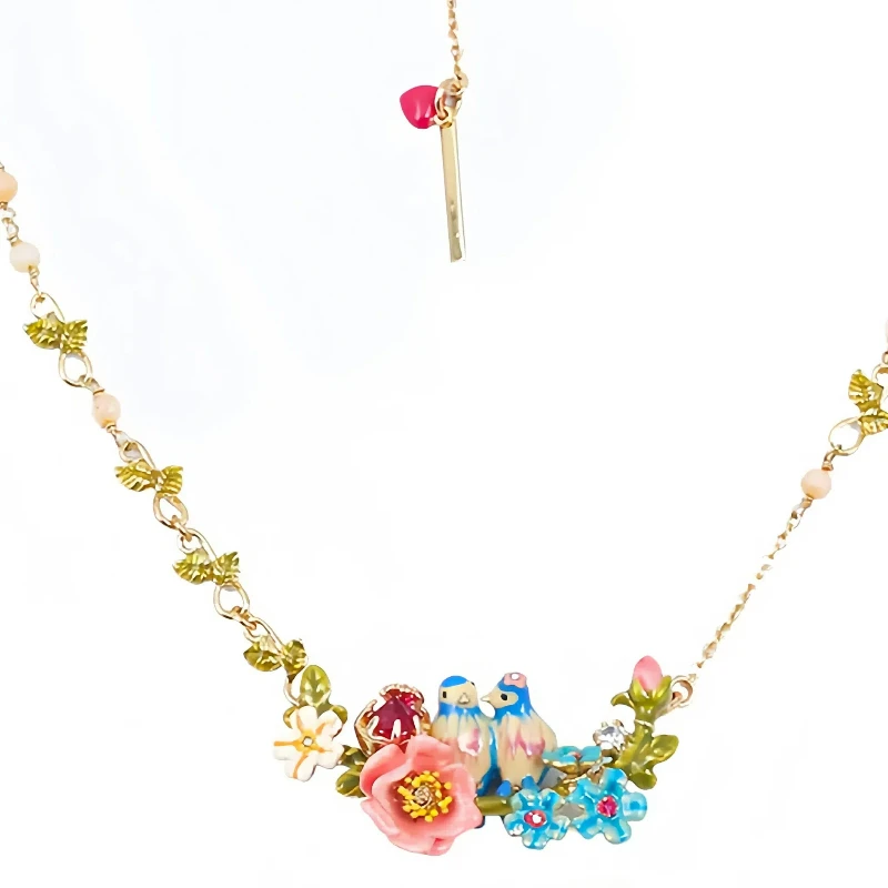 

Fairy Style Niche Design 2 Love Birds Handmade Blue Enamel Pink Flower Light Luxury Collarbone Chain Simple Versatile Necklace