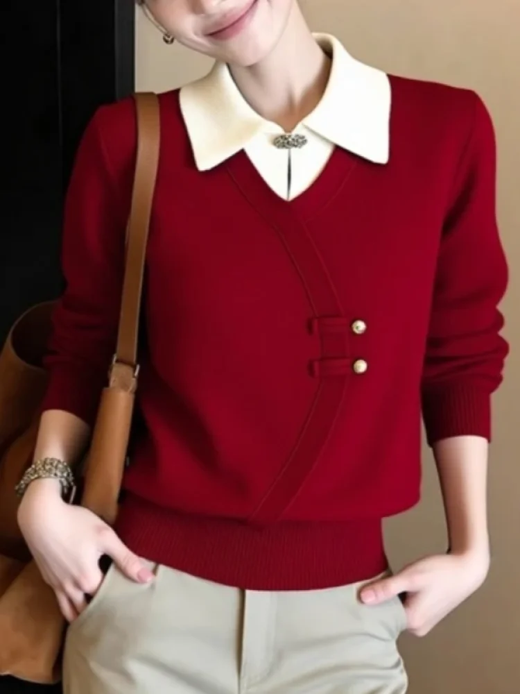 

Модный повседневный вязаный свитер для женщин: красивый, с цветными блоками, имитация двухслойности, новинка зимы, простой и элегантный топ