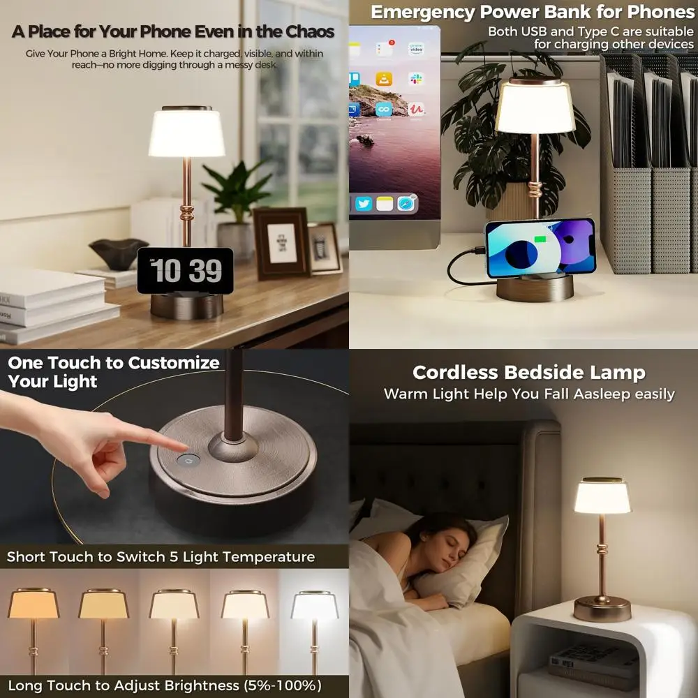 

Wireless LED Table Lamp with 5 Color Options, Stepless Dimming, 4400mAh Battery, USB Charging, Portable Touch Light for Home and