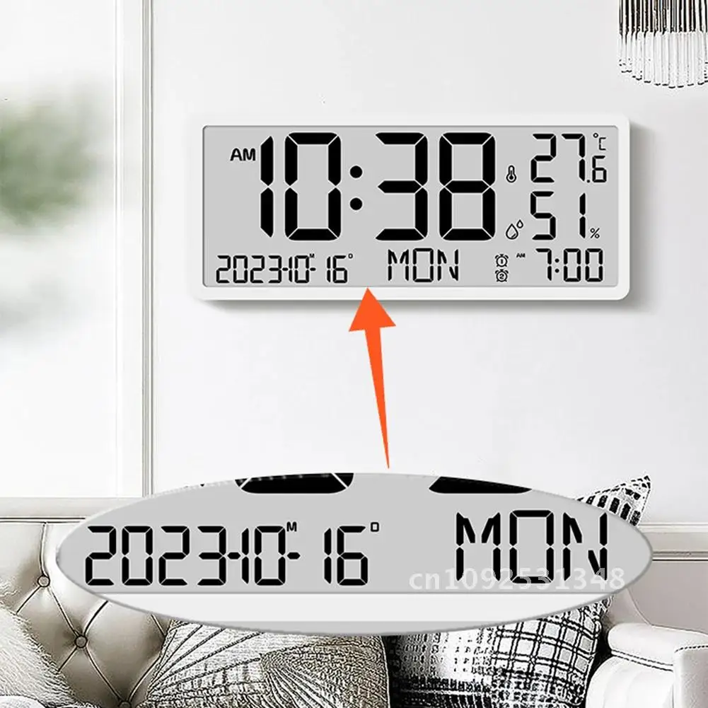 Large Digital Wall Clock Temperature and Humidity Date Week Display Brightness Adjustable Electronic LED Table Alarm Clock