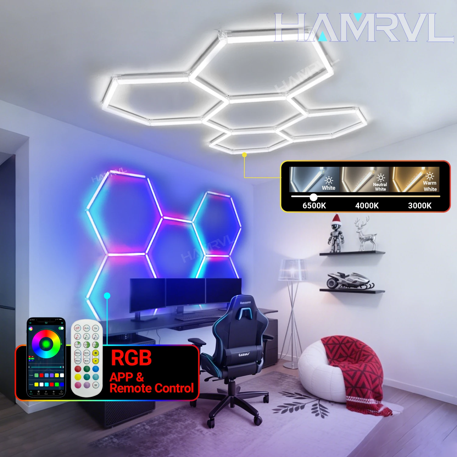 

Светодиодный потолочный светильник в форме сот — RGB с регулируемой яркостью, меняющий цвет 3000–6000 К, теплый и холодный белый, идеально подходит для гаража/тренажерного зала/офиса/парикмах