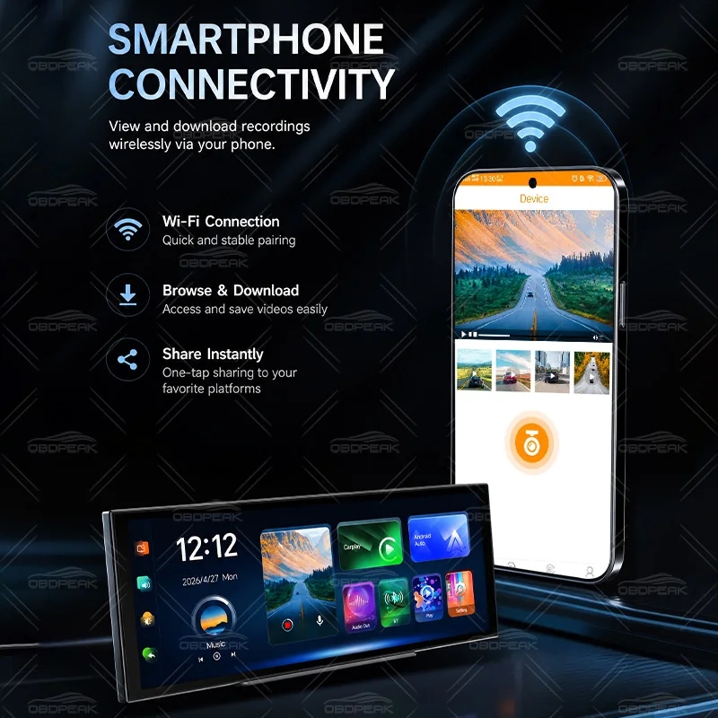 Cámara DVR para coche 4K de 12,3" K9 Max con CarPlay inalámbrico, Android Auto, navegación GPS, doble lente, grabación de video y pantalla para el salpicadero