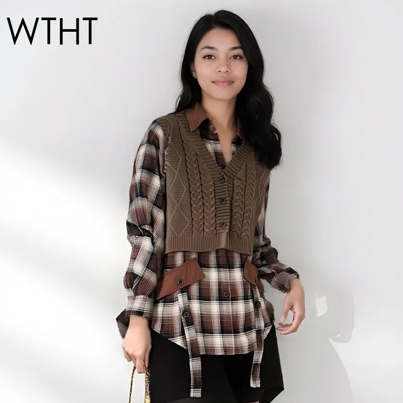 

WTHT New Fashion Women Spliced Knit Fake Two-piece Plaid Shirt 2025 Autumn Trendy Lapel Long Sleeve Loose Blouse Female 1LS2315