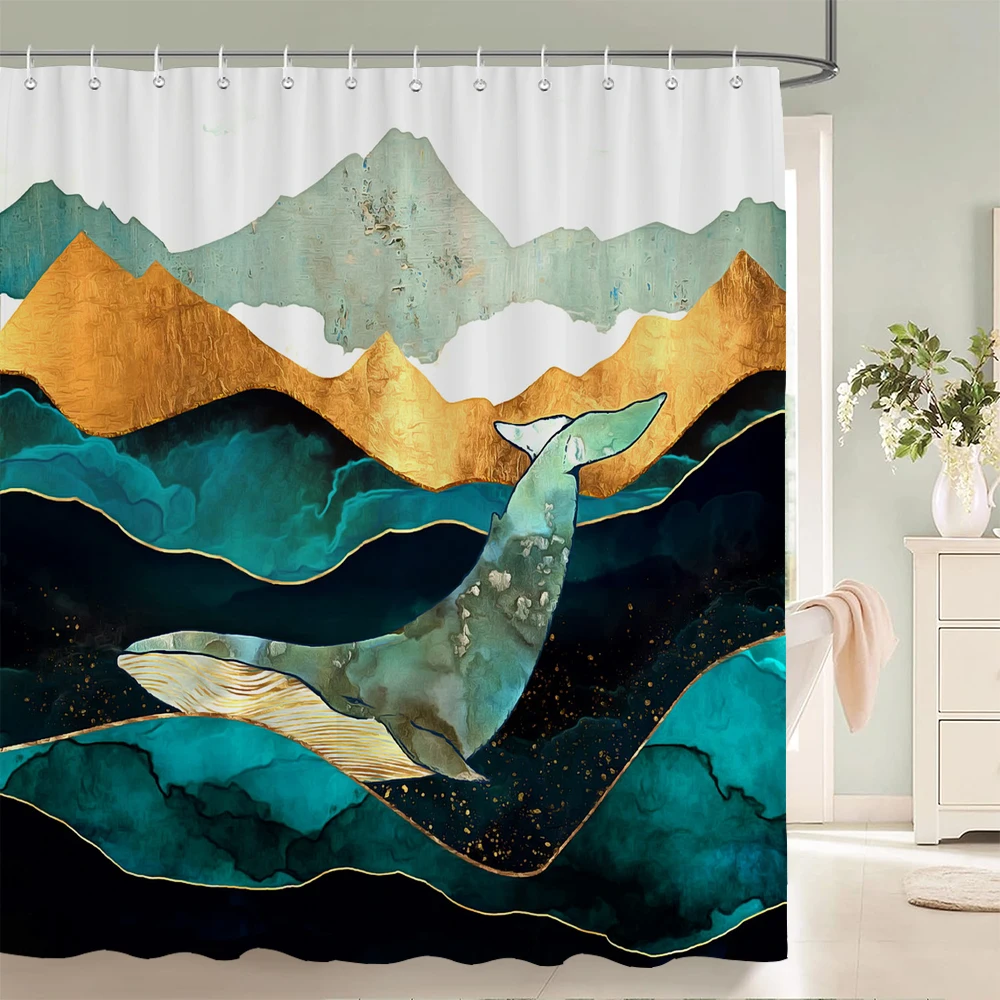 

Занавеска для душа в японском стиле, тканевая Водонепроницаемая шторка в ванную комнату с принтом леса, солнца, луны, с 12 крючками