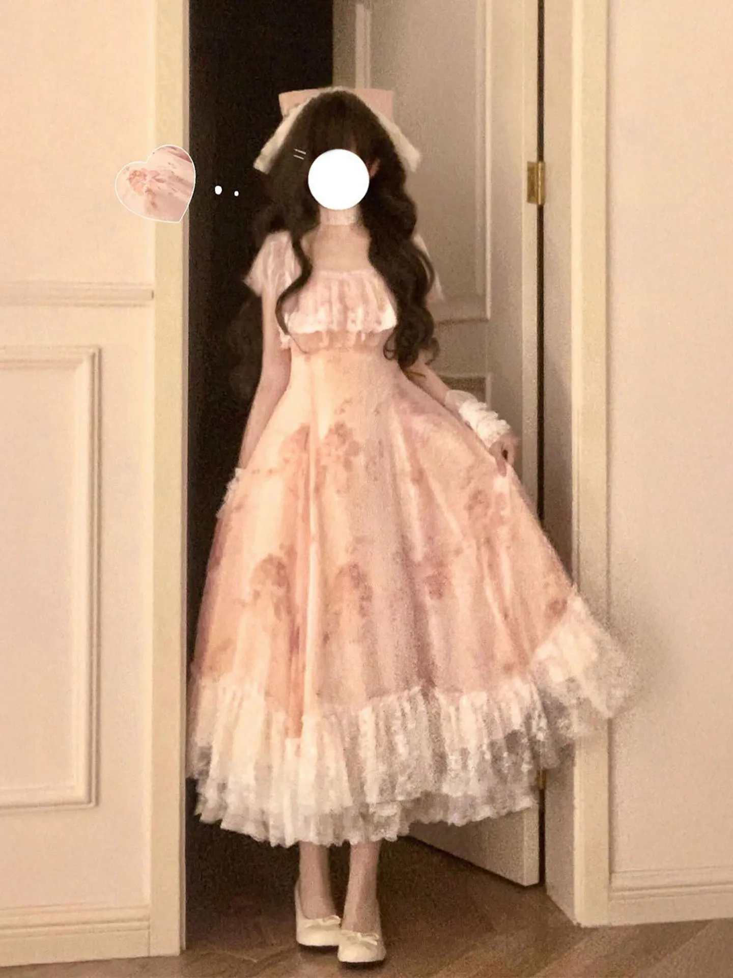 

Romantic Floral Print Lace Trim Splice Slimming Tea Break Dress Pink Square Collar Long Sleeve Standard Fit A-Line Skirt