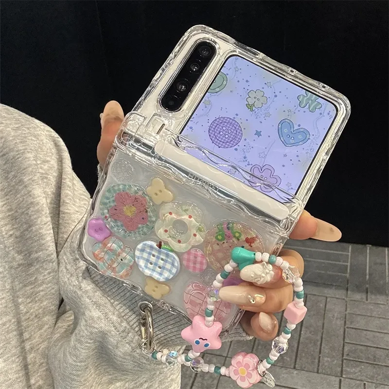 Z Flip7 Case Cute 3D Button Magnetic Hinge Clear Phone Case For Samsung Galaxy Z Flip 7 6 5 / Xiaomi Mix Flip Protective Cover