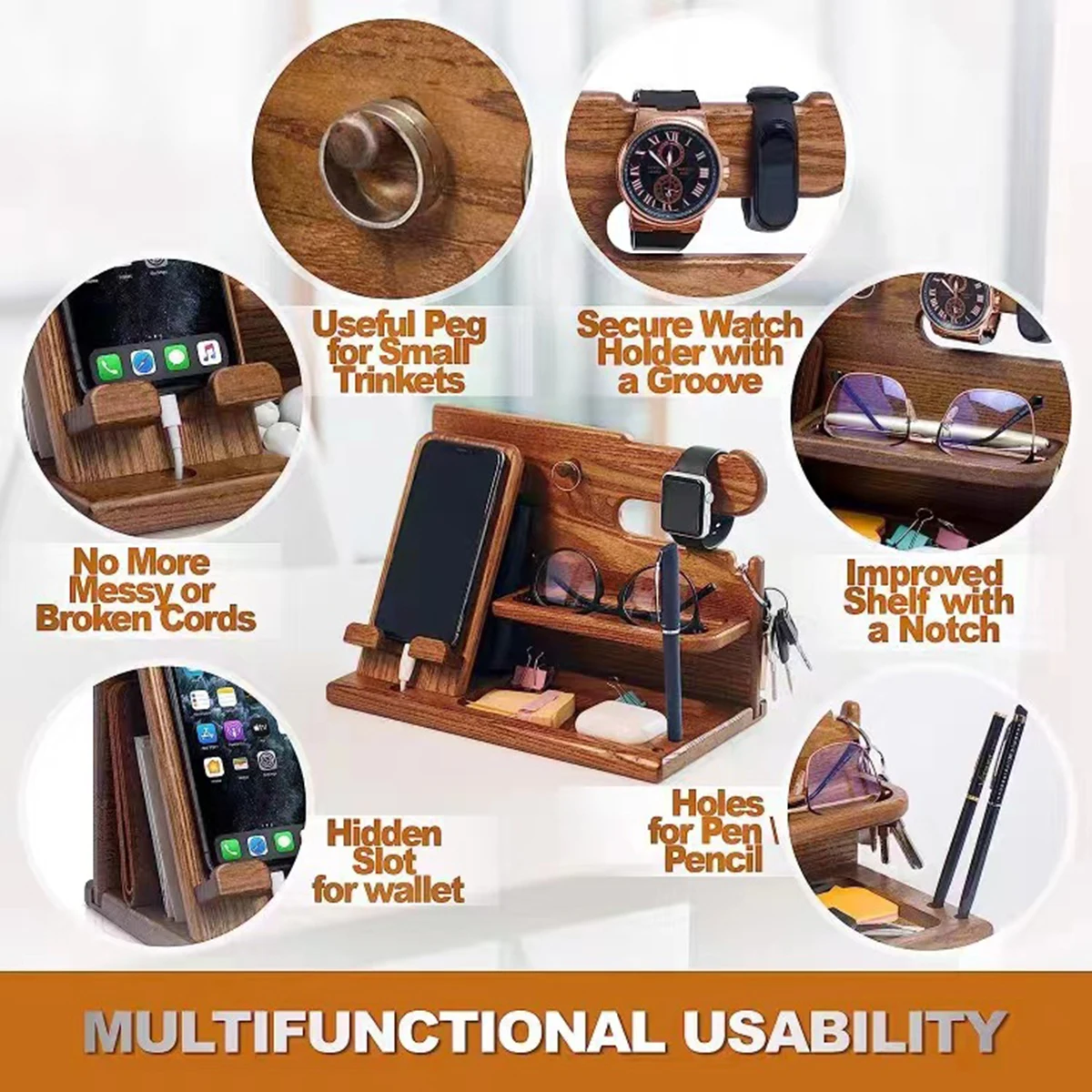 Multi-functional Wooden Telephone Extension Base Bedside Table Desktop Organizer Storage Rack Mobile Phone Holder Father\'s Gift