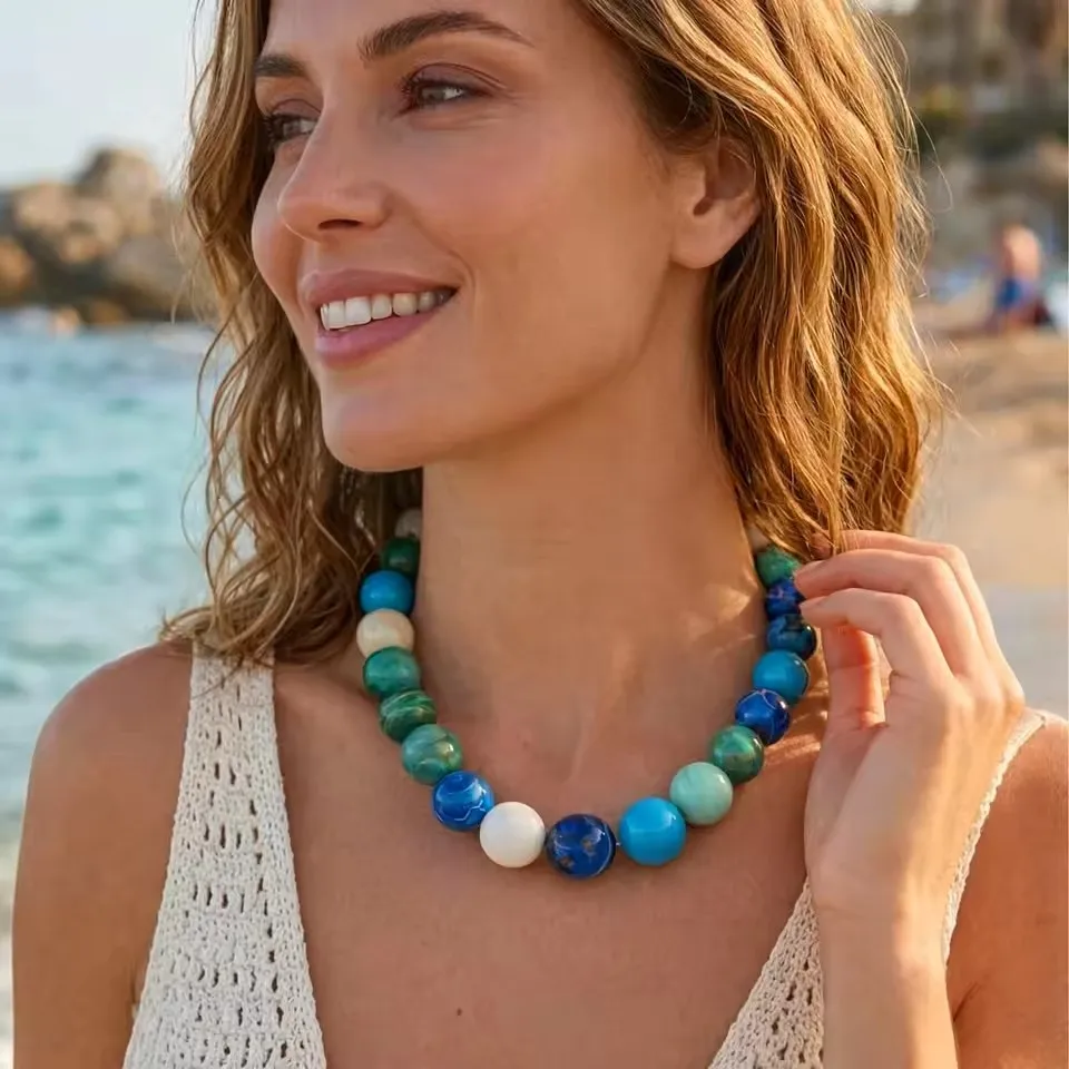 

New Fashion Colorful 20mm Round Resin Beads Choker Necklace for Women Boho Trendy Chunky Clavicle Chain Statement Jewelry Gift