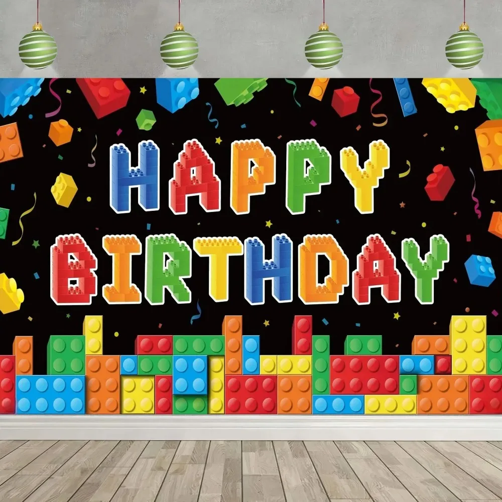 Bunter Geburtstagsbanner mit Baustein-Motiv, Fotografie-Hintergrund, Kindergeburtstag, Familienfeier, Dekoration, Fotografie-Hintergrund – Detail 1
