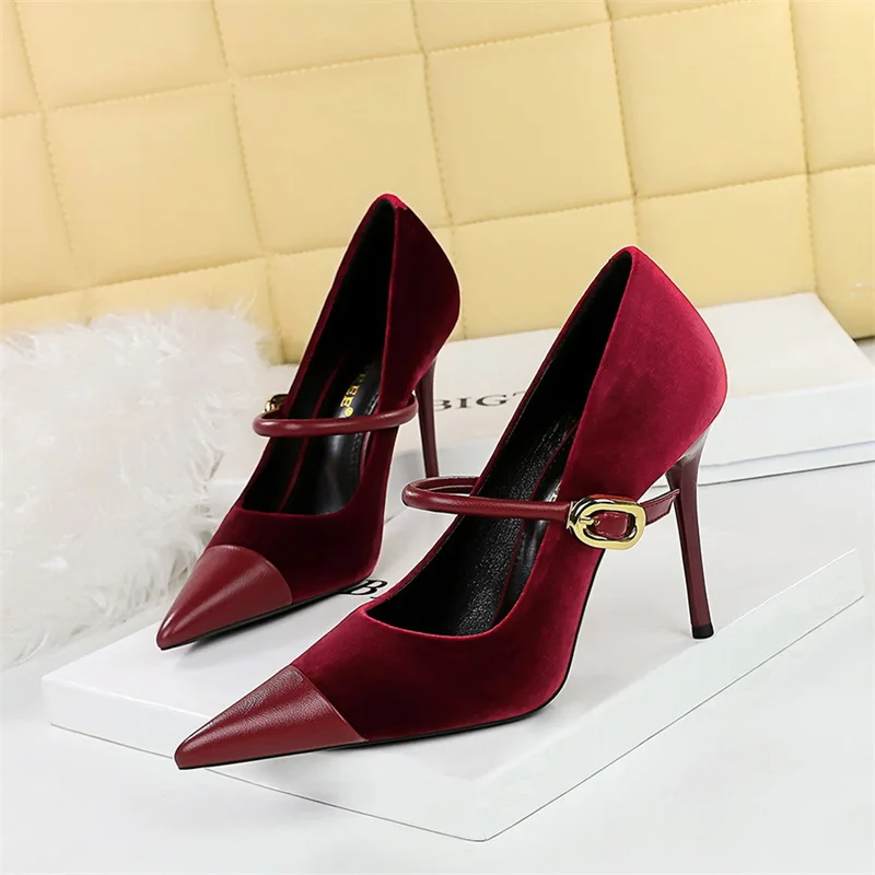 New Buckle Design Women Pumps Shallow Mouth Metal Pointed Thin High Heels Suede Stilettos Party Single Shoes