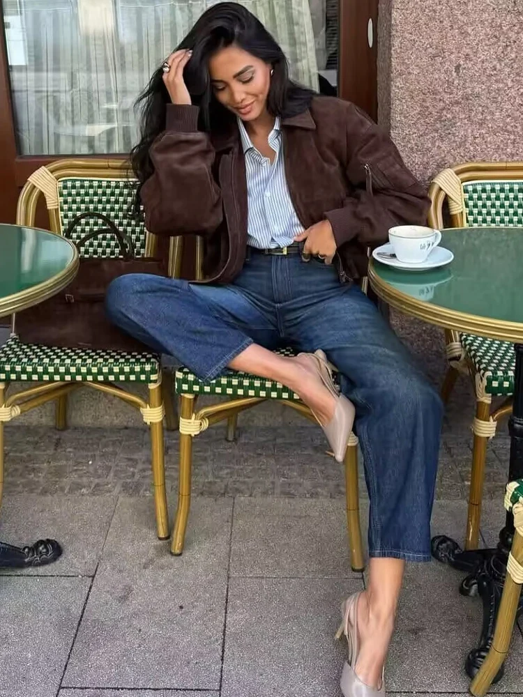 HH 2025 秋物 ソリッドスエード クロップドボンバージャケット レディース ラペル 長袖 ジップポケット ショートコート カジュアル オフィス アウター