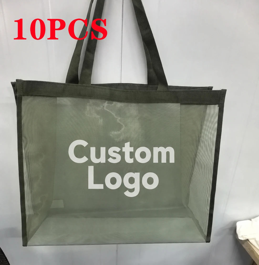 Custom 10PCS Mesh Tote Bags Personalized Logo Large See Through Reusable Shopping Carryall For Beach Pool Travel Halloween Gift