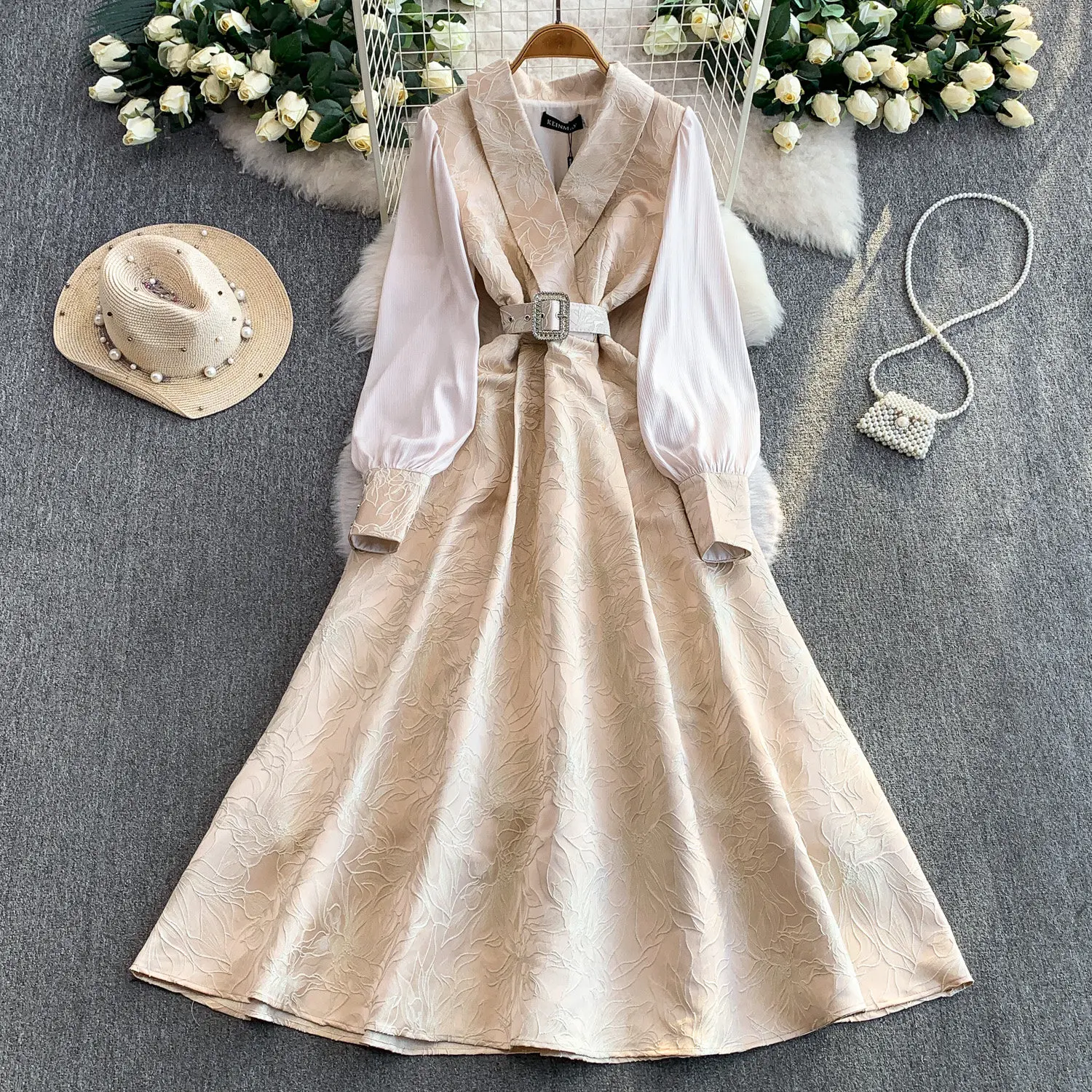 

SuperAen Women's Spring and Autumn New Jacquard Patchwork Long-sleeved Party Dress for Women Long Dresses