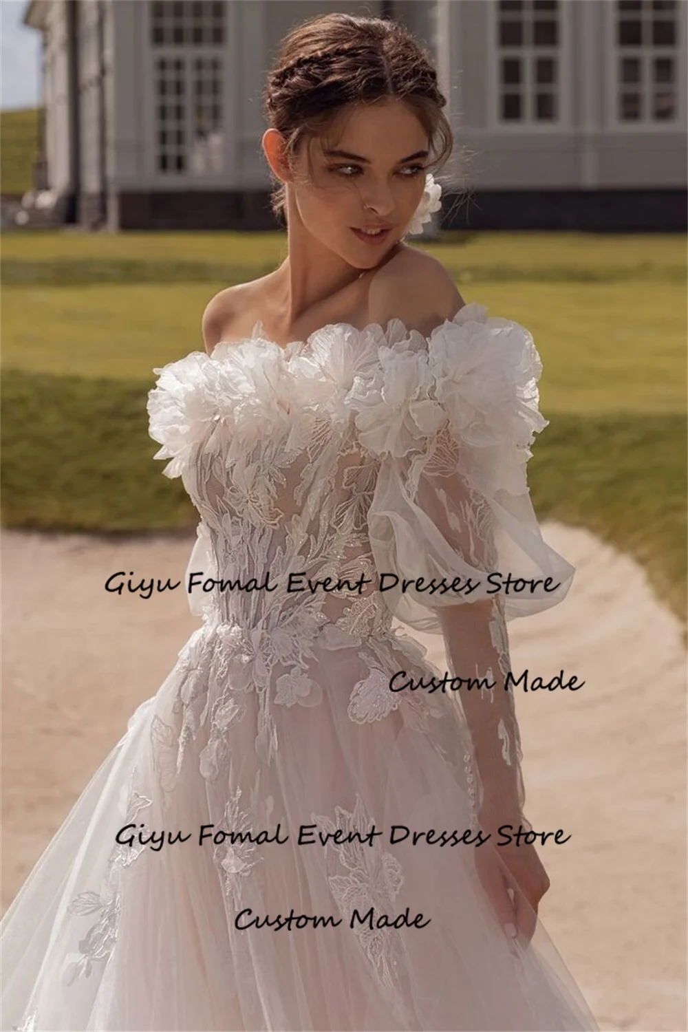 Giyu Modern Style Detachable Off the Shoulder Long Puff Sleeves Lace Wedding Dress Bridal Gown Aline Floral Lace Sleeveless