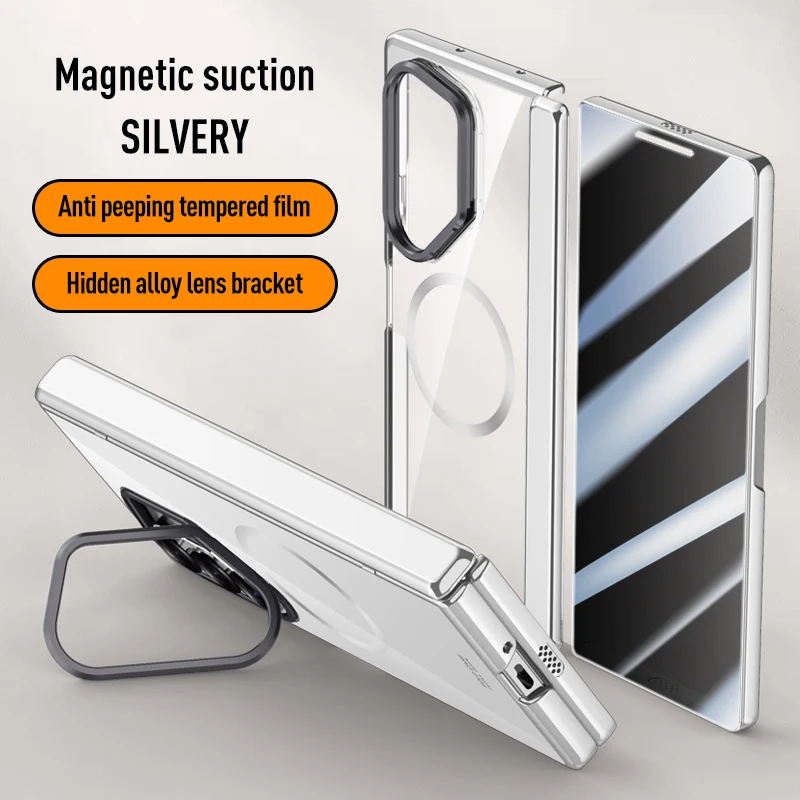 

Magnetic Magsafe Phone Cases For Samsung Galaxy Z Fold6 Electroplating PC Spring Hinge Lens Hide Bracket Anti-peep Shell Film