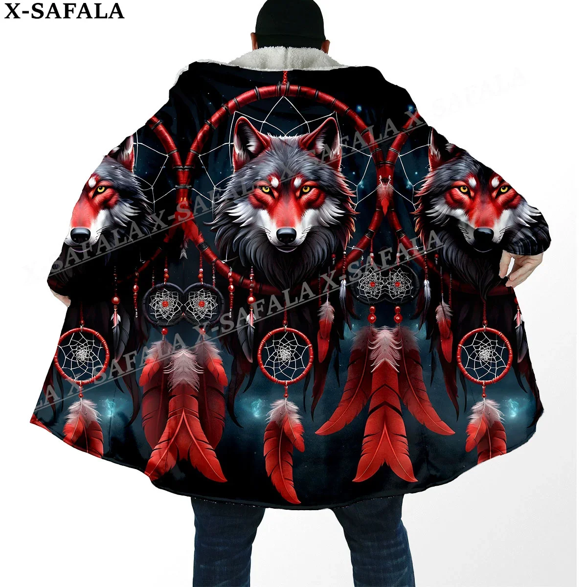 Elegant Native Wolf Spirit Totems Arts Thick Warm Hooded Cloak Men Overcoat Coat Windproof Fleece Cape Robe Hooded Blanket-2