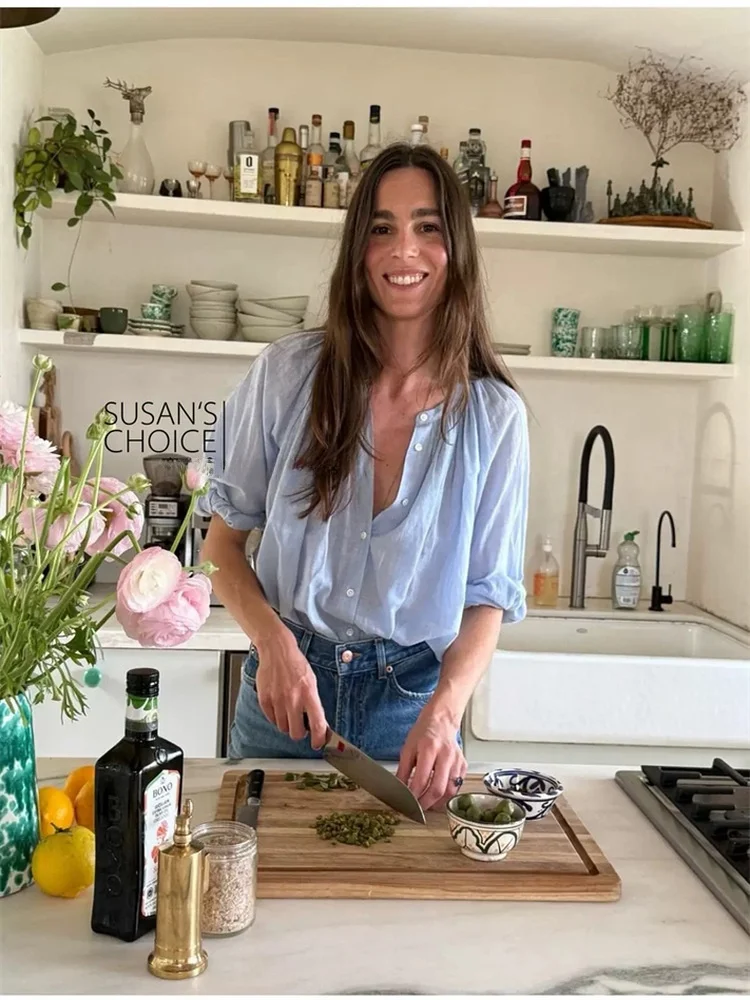 Susan casual solto longo sve algodão azul redondo ne irt top feminino confortável respirável roupa de verão