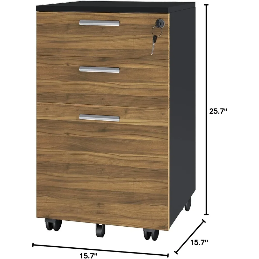 With Lock 3 Drawer Small Rolling File Cabinet Wood Printer Stand with Storage for A4 Size/Legal Documents, File Folders