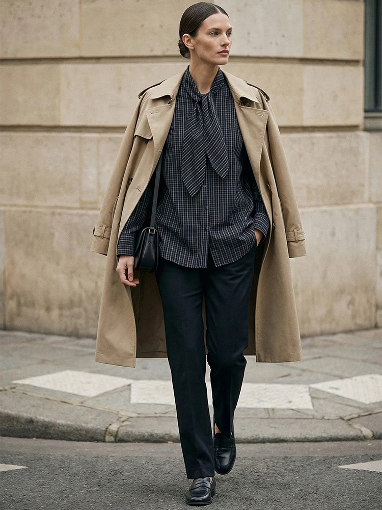 윌셸라 여성 패션 리본 체크무늬 싱글 브레스티드 블라우스 빈티지 스카프 칼라 긴 소매 여성 시크 레이디 셔츠