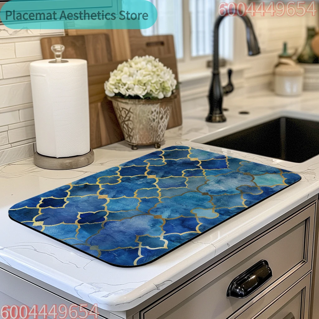 Absorbent Mat Moroccan Blue Watercolor with Gold Rim Kitchen Antiskid Drying Mat Quick Dry Bathroom Drain Pad Tableware Mat