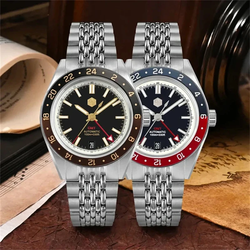 San Martin New 39.5mm NH34 GMT Men Watch Bidirectional Aluminum Bezel Luxury Automatic Mechanical Sapphire 10Bar Luminous SN0116