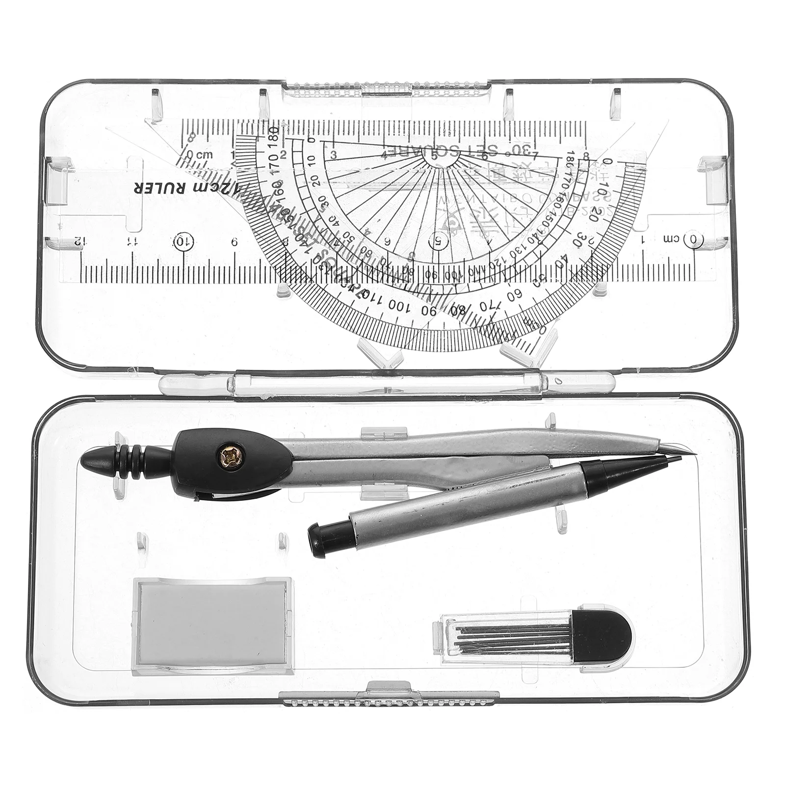 分度器、ジオメトリ分割器、定規、鉛筆、消しゴムを備えたジオメトリ描画ツールセット