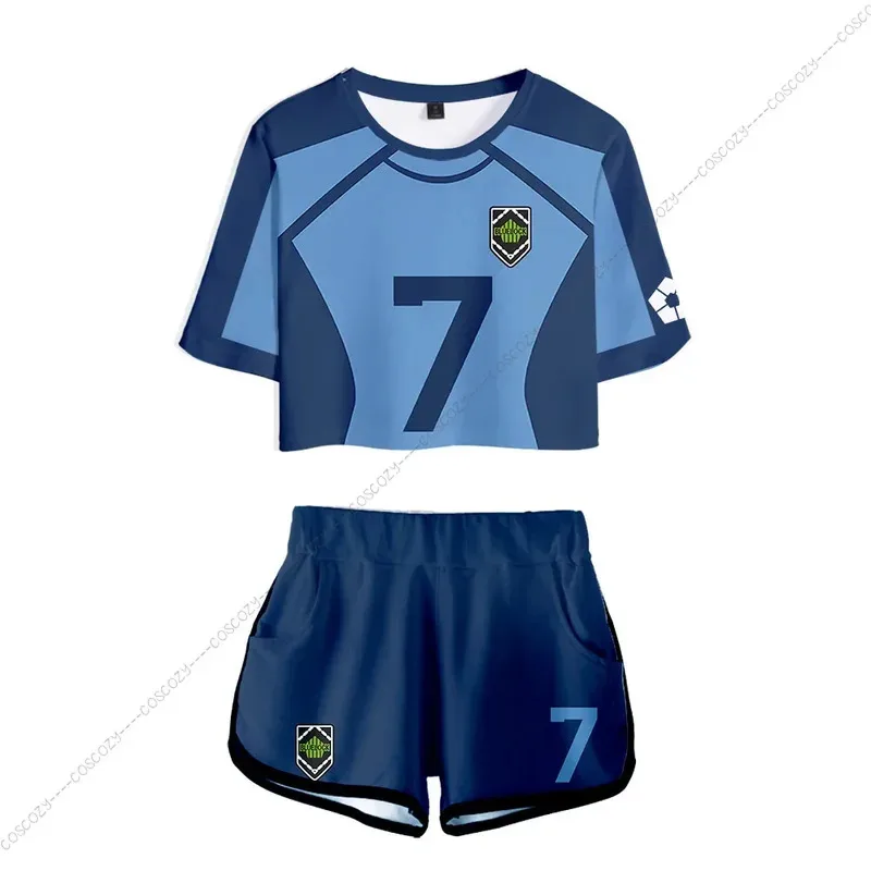 2023年新作 ブルーロック レディース ツーピースセット ショートパンツ+クロップトップス Tシャツ 夏服 ヒップホップ バチラヨウイチ ストリートウェア