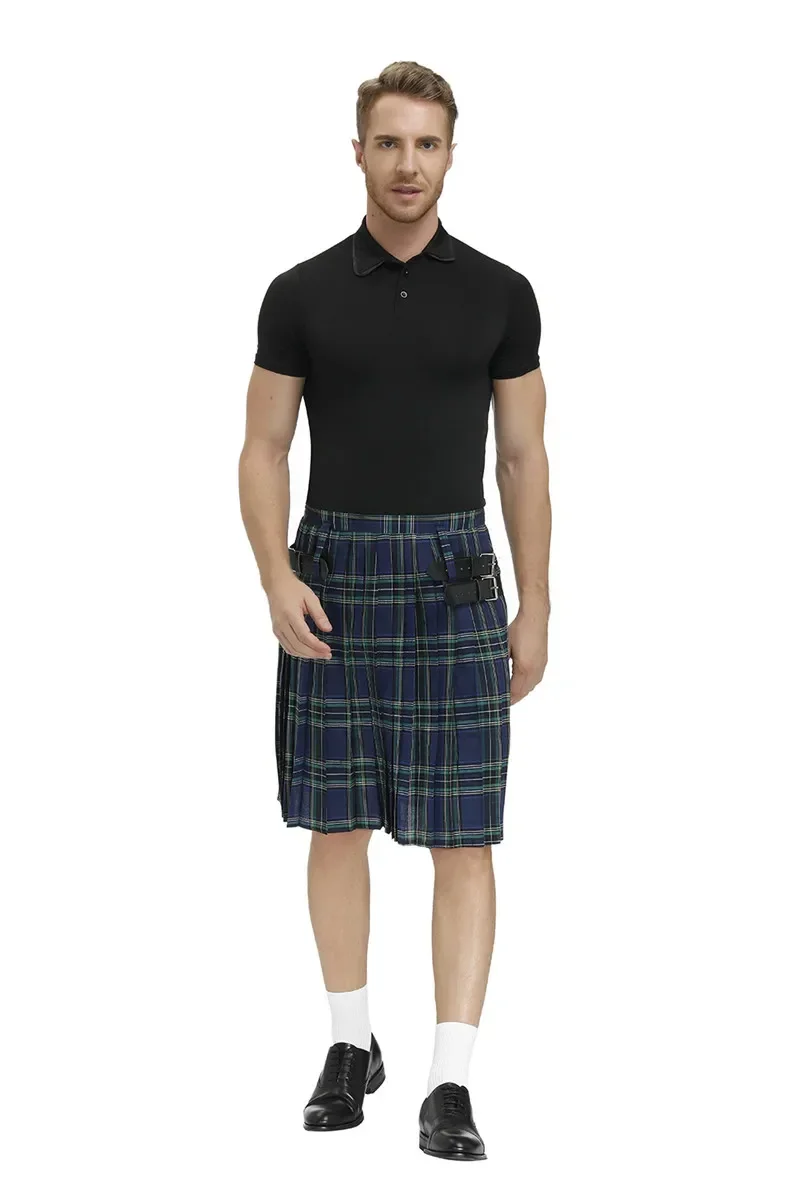 Men Pleated Skirt Kilt Casual Retro Scottish Style Plaid Print Contrast Waistband Pleated Skirt Ethnic Halloween Cosplay Skirts