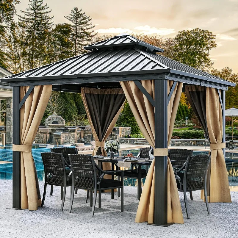 Hardtop Gazebo Double Roof with Nettings and Curtains, Heavy Duty Galvanized Steel Outdoor Vertical Stripes Roof for Patio