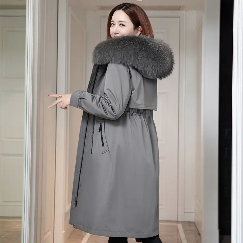 Manteau long en fourrure de raton laveur pour femme, doublure en fourrure de lapin Rex, parkas perfections d'hiver, vêtements d'extérieur chauds à capuche, optique grande taille, nouveau, 2023