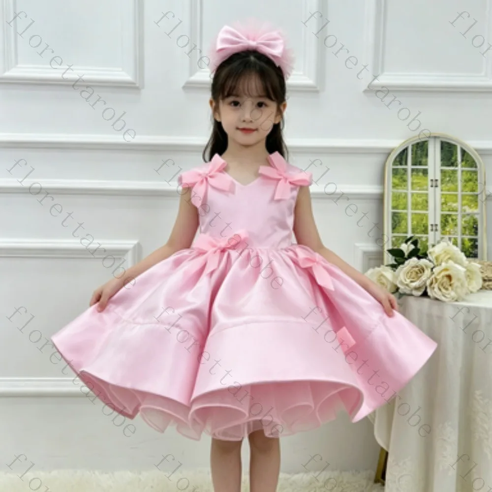 Customized Pink Satin Puff Sleeve Baby Girl Birthday Dress Multi‑Bow Decor V‑Neck Short Puffy Tutu Dress Wedding Birthday Party