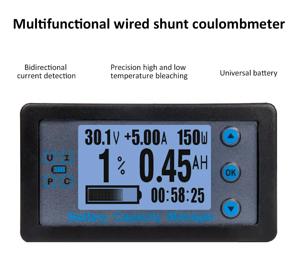 Kabelgebundener Shunt-Coulombmeter DC 8-120V 100/200/300/500A Energiemessgerät Batteriekapazitätstester Niederspannungsalarm LCD-Amperemeter Voltmeter – Detail 2