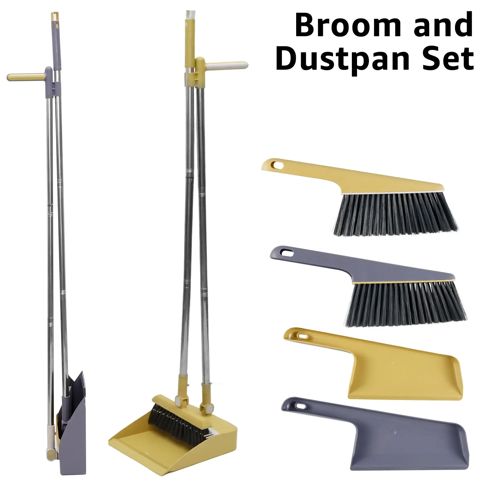 

4Pcs Broom and Dustpan Set with Long Handle Stainless Steel Broom Dustpan Combo with Desktop Cleaning Brush Set 51.2 Inch