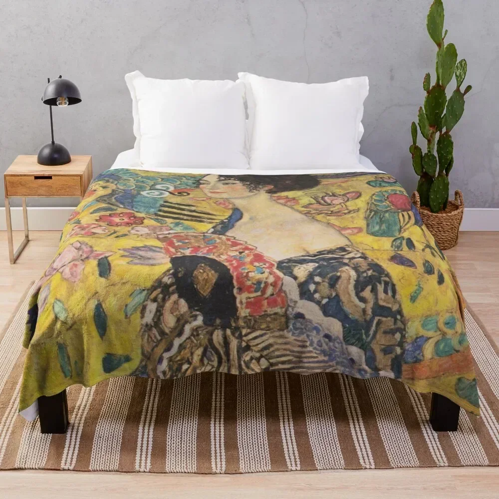 

Lady with Fan by Gustav Klimt- Art Nouveau Symbolism Throw Blanket Faux Fur Soft Warm Blanket for Bed