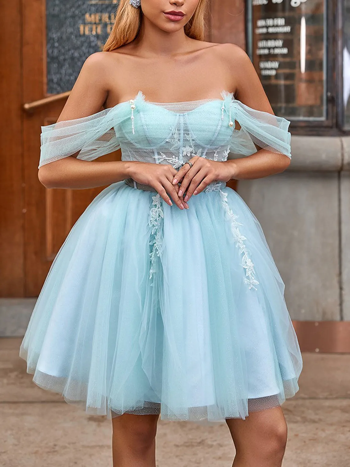 

A-line/Princess Sweet Off-the-Shoulder Sleeveless Tulle Short Prom Dress with Ruffles and Appliques 2025 free customized