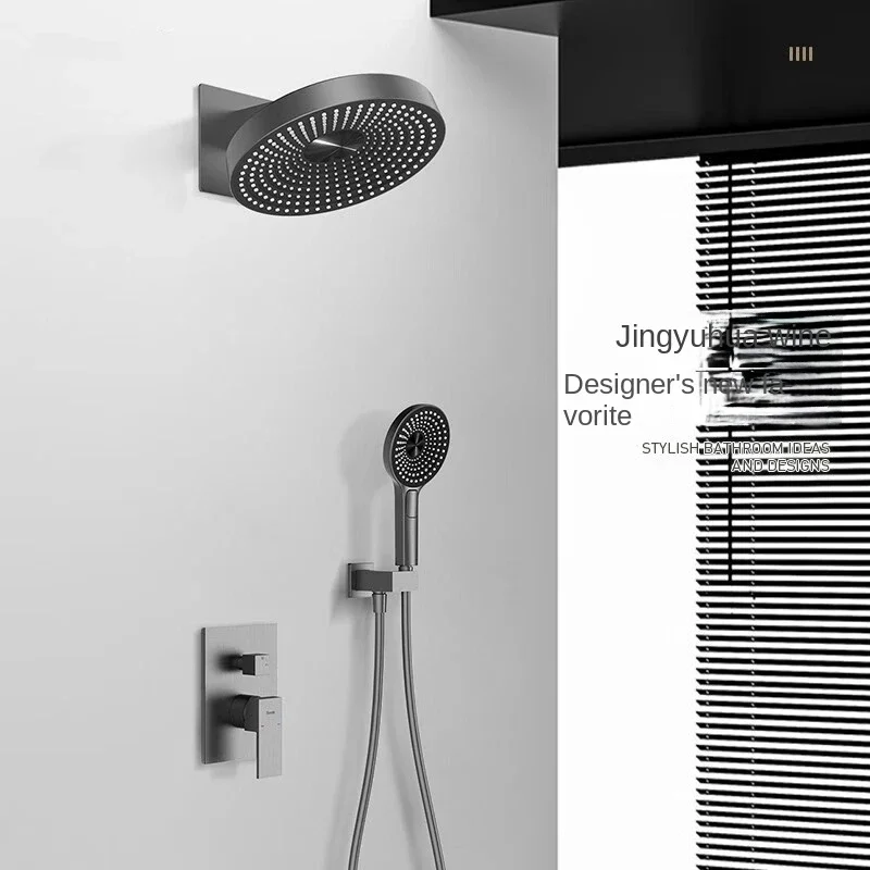 Fashion Wall Mounted Shower Head Waterfall Bath  Shower Faucets Gun Metal Grey Concealed Bathroom Shower System Set