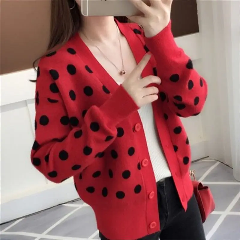 New Knitted Cardigan Jacket for Womenshort Style with Dotted Long Sleeves Loose Fitspring and Autumn Sweaters Versatile Top