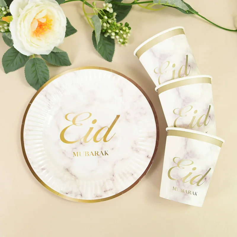 

Eid Mubarak White Gold Disposable Paper Plates Cups Ramadan Kareem Tableware Set Islam Muslim Home Decor Eid Al Adha Supplies