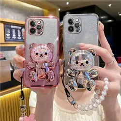 Flower Strap Bear Phone Holder Case On For iPhone 14 12 15 11 13 Pro Max Mini 8 7 6 Plus X Xr Xs Max apple11 15pro Stand Cover