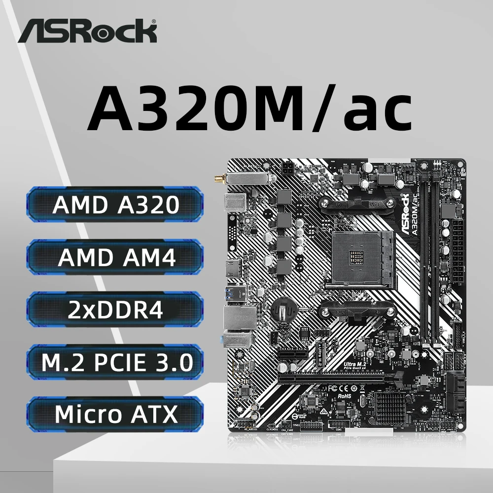 ASROCK A320M/AC Motherboard Support AMD Ryzen 5 5600 Ryzen 7 5700X3D DDR4 3200+(OC) NVME M.2 Interface PCIe 3.0 AM4 Motherboard