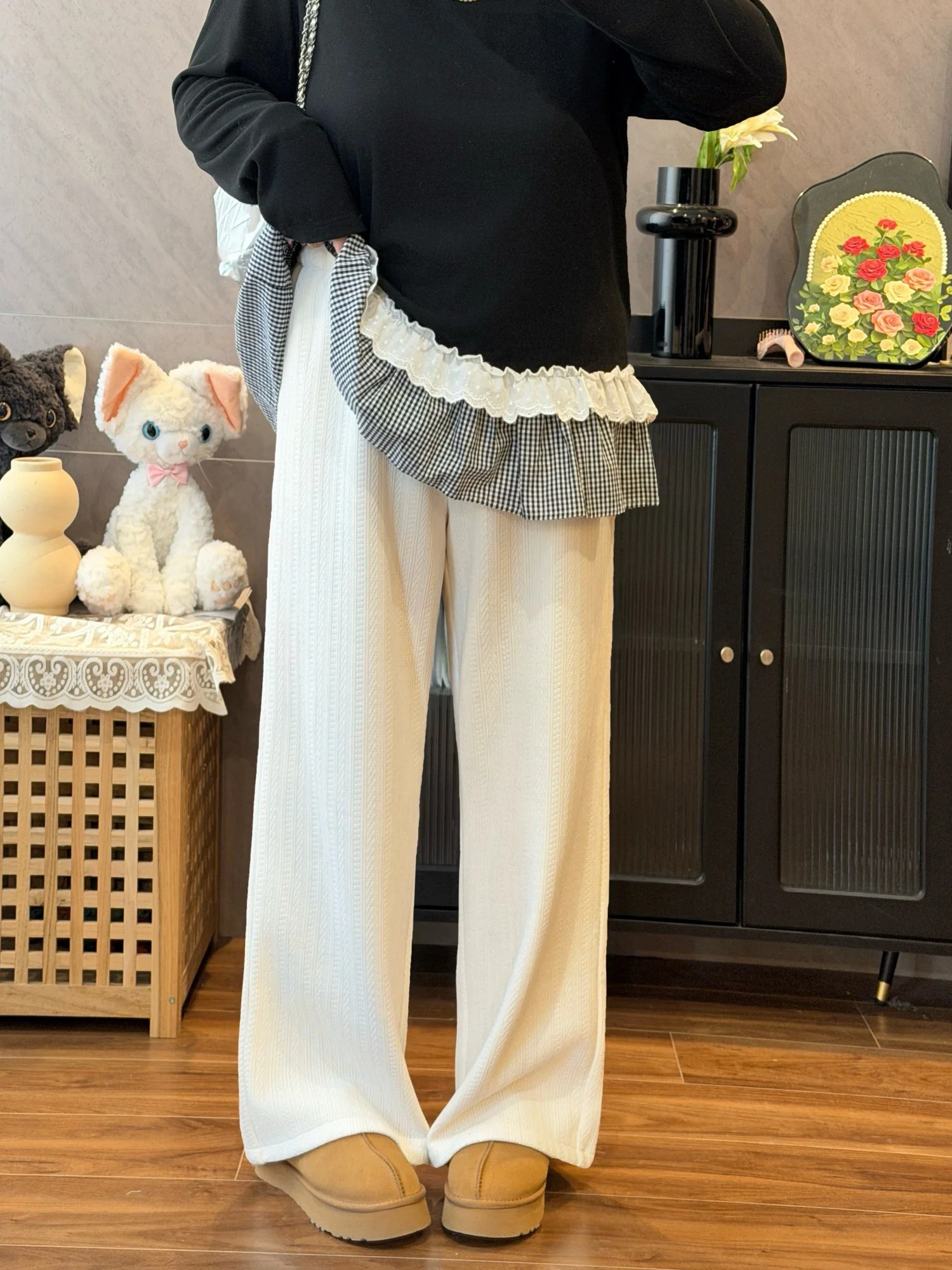 

Женские брюки больших размеров с флисовой подкладкой, широкие, зимние, для похудения, для повседневной носки, универсальные, с высокой талией, из полиэфирного волокна, прямого кроя