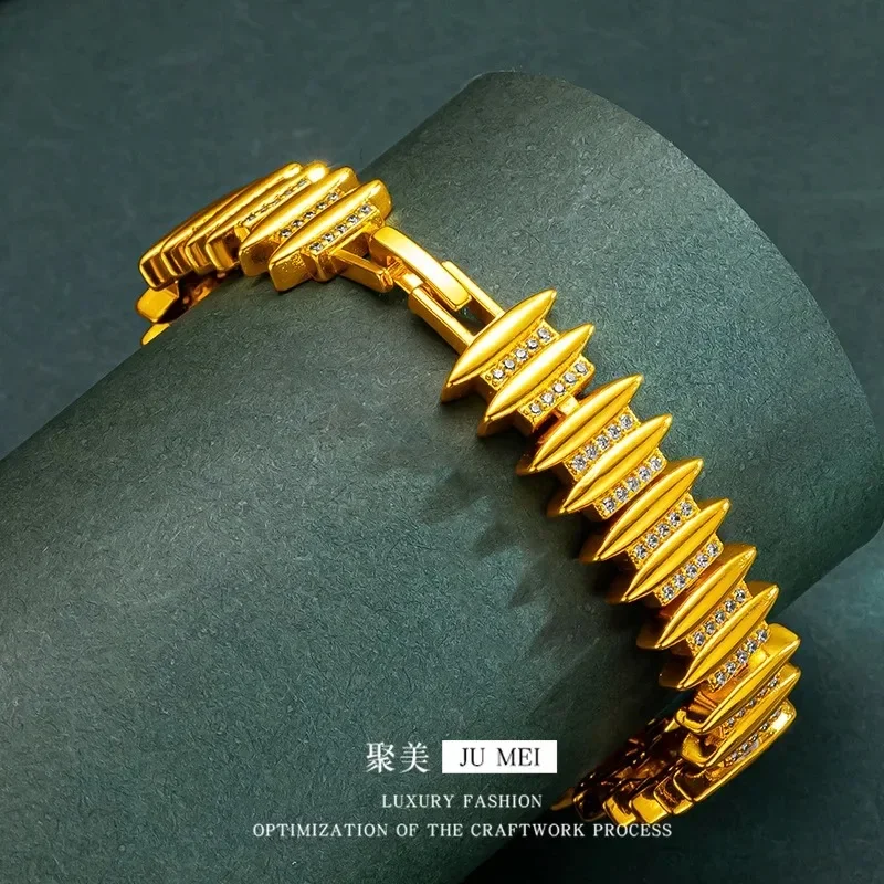 24K Gold 14n Striped Diamond Bracelet 9999 Real Gold Wide Version Inlaid With Haoshi National Style Women's Brac