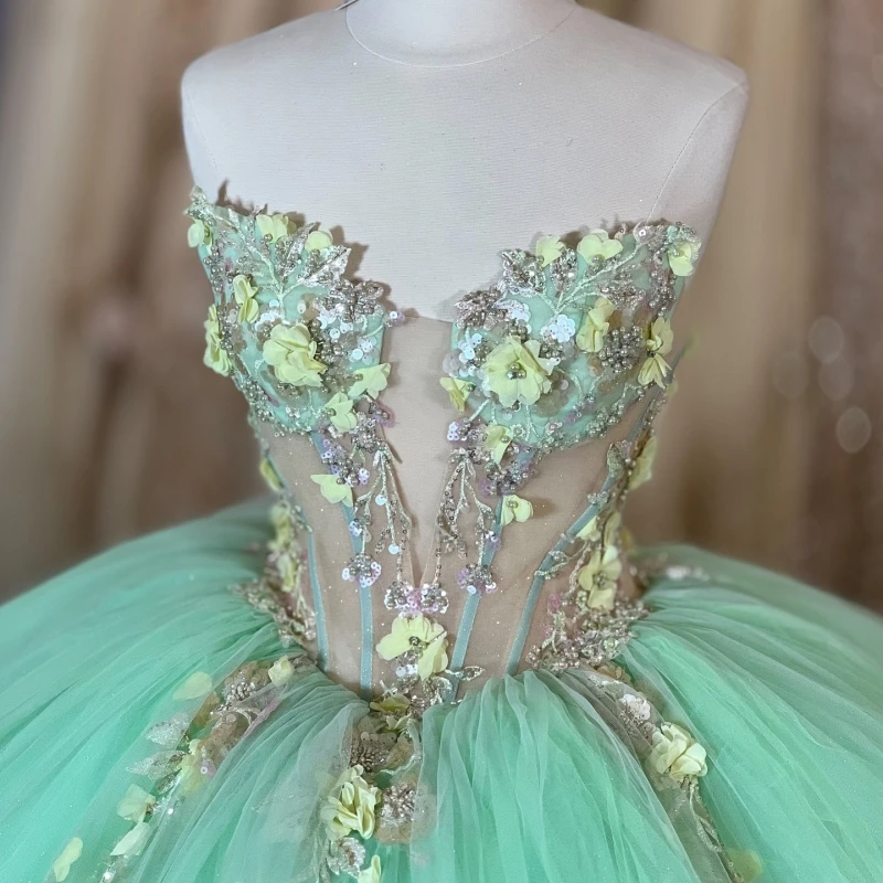 فساتين Quinceanera باللون الأخضر اللامع قبالة الكتف زين زهرة الخرز حفلة عيد ميلاد الحلو 16 فستان Vestidos 15 De