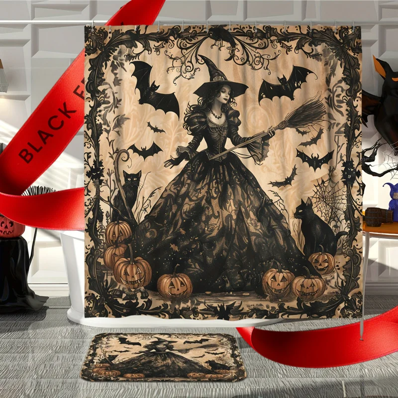 Spooky Vintage Halloween Shower Curtain Set: Includes 1/4Pcs Witch, Bats, Pumpkins, Black Cat, And Non-Slip Bath Mat with 12 Hoo