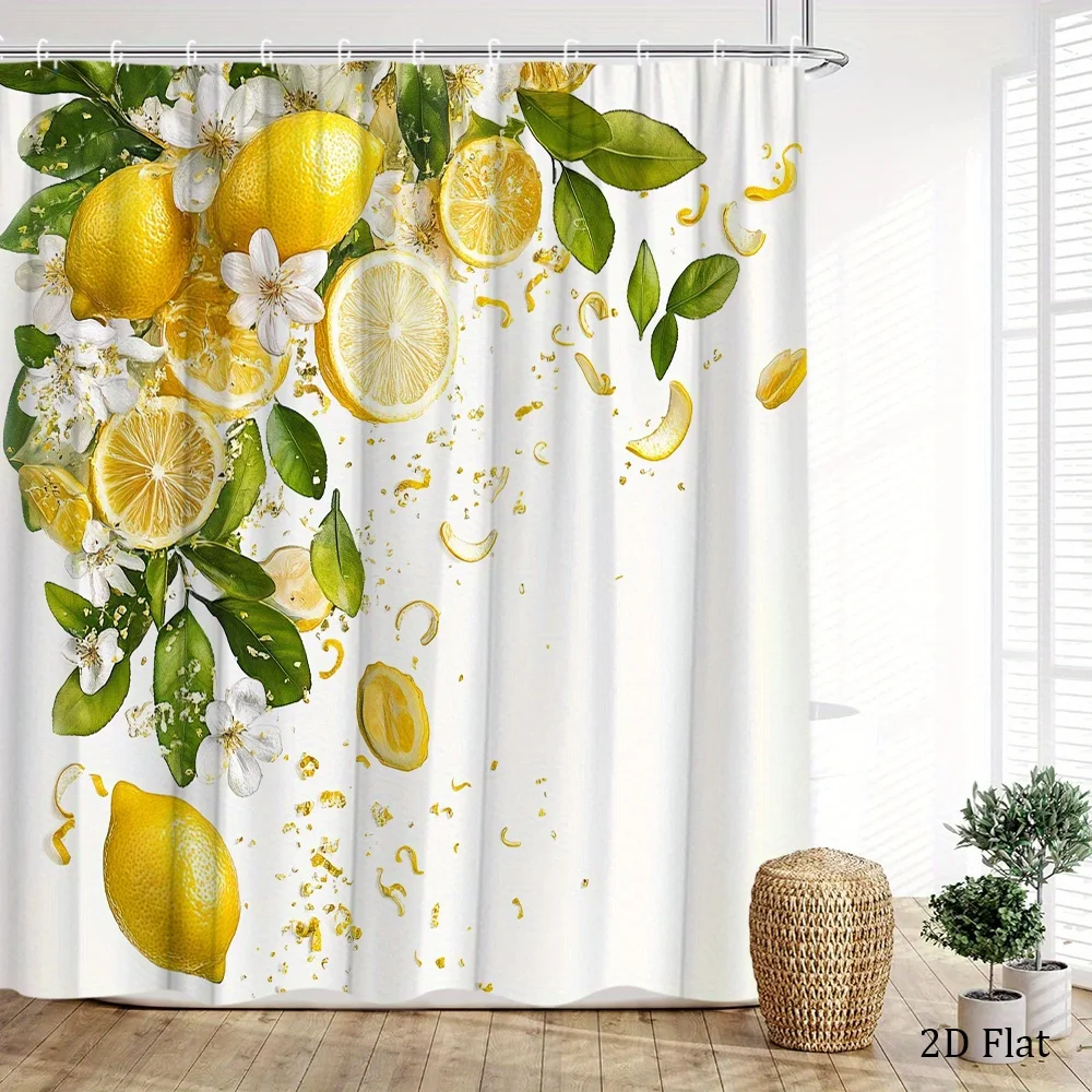 Citrus Lemon Shower Curtain Yellow Fruit Green Leaves Floral Pattern Waterproof Bath Decor Elegant Natural Bathroom Curtains