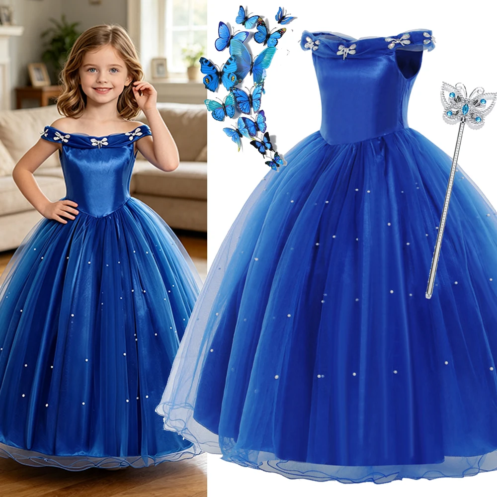 Cinderella Costume Girl Off Shoulder Royal Blue Tulle Ball Gown Kids Book Week Parade Costume Birthday Dress Luxury Kids