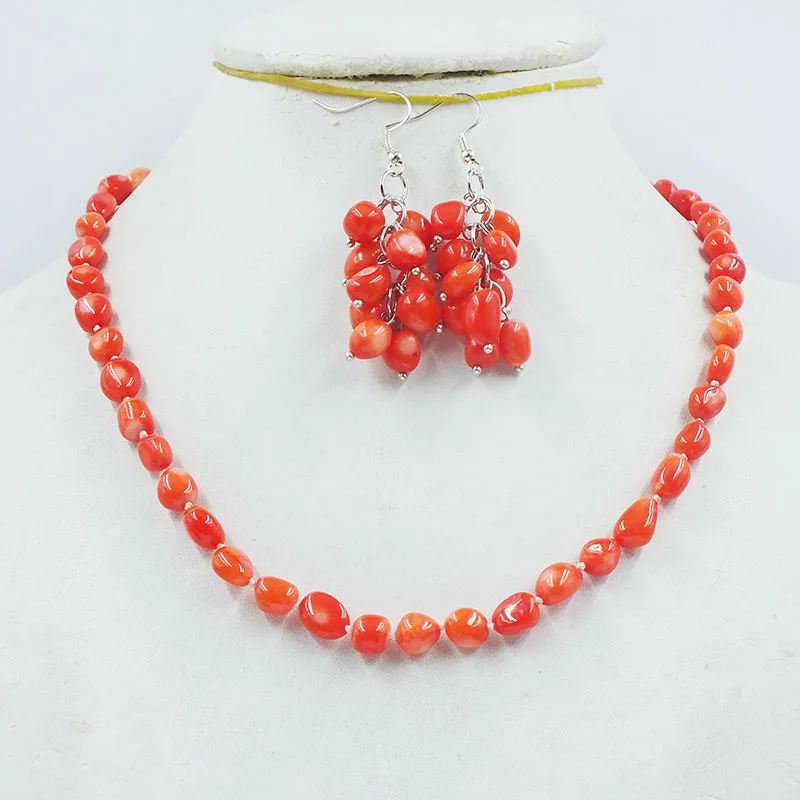 

Simple Versatile, Summer Women Necklace Orange Natural Coral/Earrings Set 18"