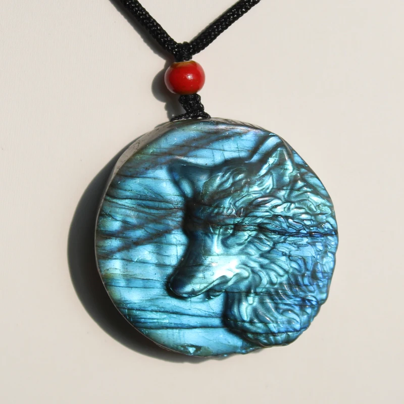 Unit One Piece Natural Strong Flash Labradorite Crystal Wolf Carving Necklace Pendant For Gift