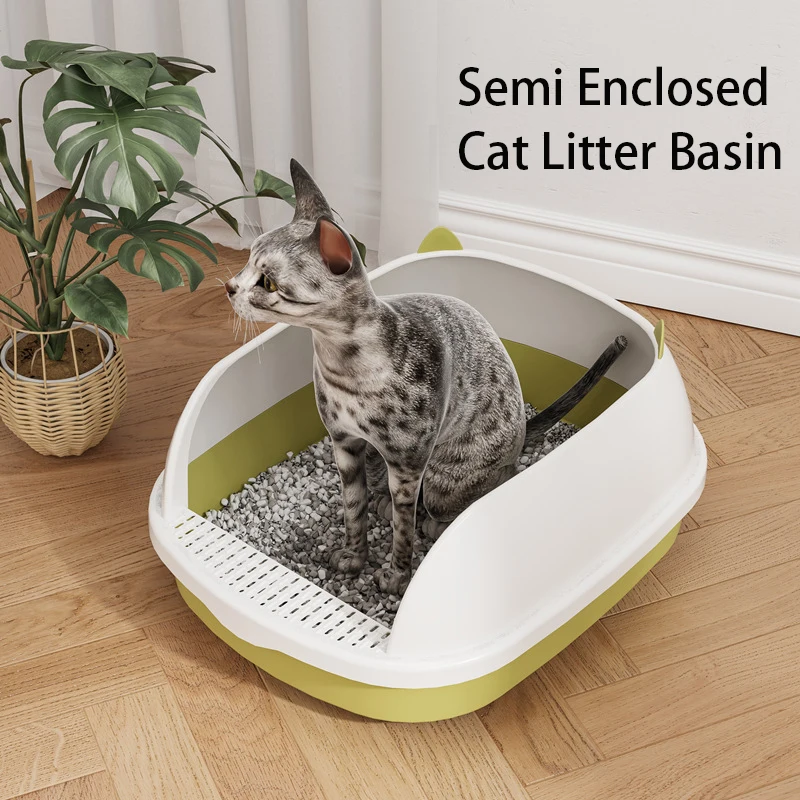 Semi Enclosed Large Space Pet Litter Basin Cat Litter Box Cat Toilet Shovel Closed Sandbox for Medium and Large Cats